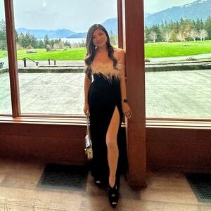 ❌SOLD❌House of CB Sarai Maxi feather Black Slit dress